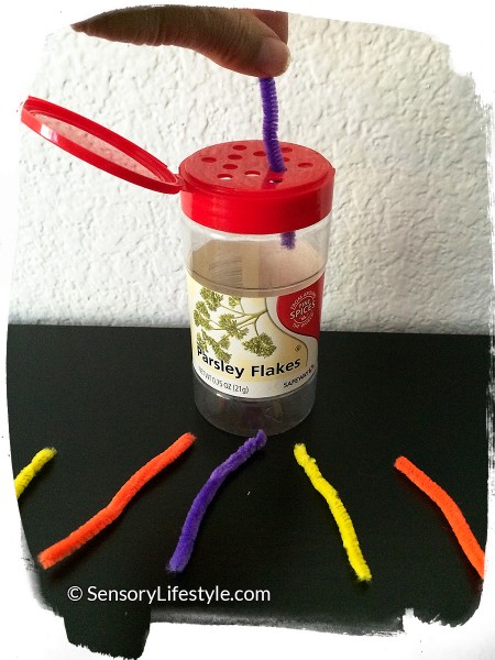 Travel activities for toddler: Pipe cleaners in a spice container