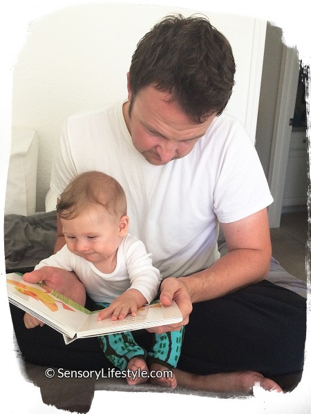 4 month old baby activates: Josh reading with daddy
