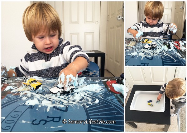 20 month toddler activities: Shaving cream & cars