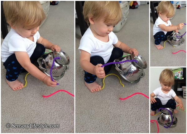 13 month toddler activities: Pipe cleaner & colander