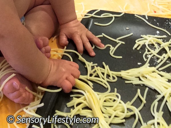 10 month baby activities: Noodle fun