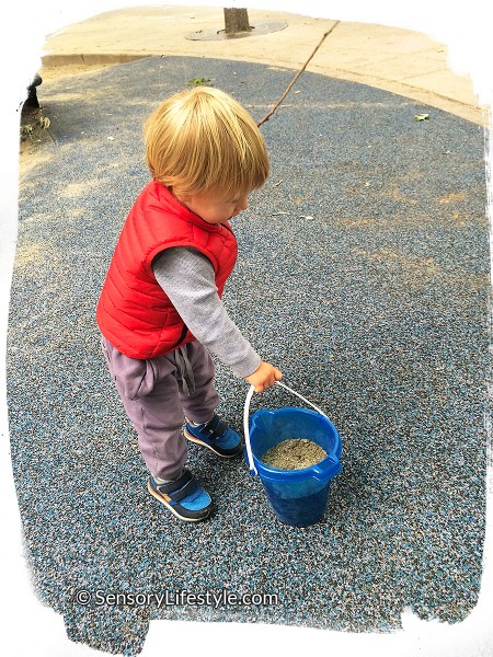 14 month toddler activities: Carrying heavy bucket